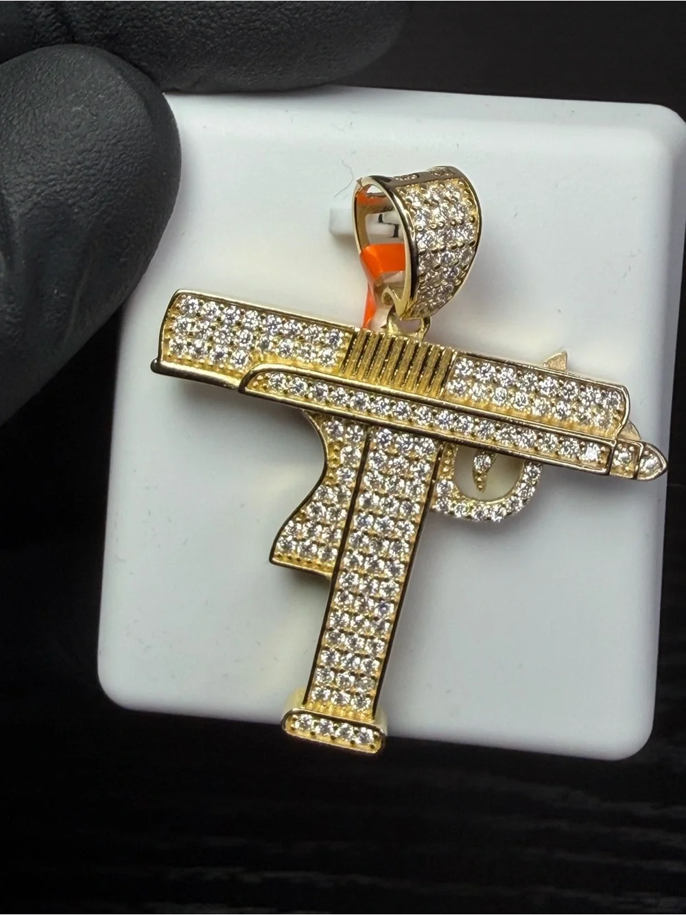 18kt European Gold Vermeil Over 925 Sterling Silver Moissanite Pave Gun Pendant